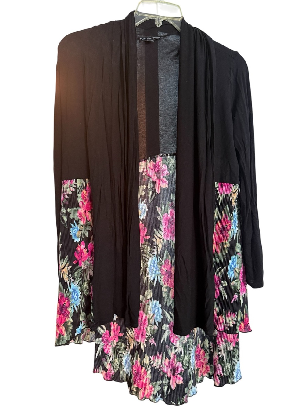 Kim & Cami Black Open-Front Cardigan with Pink and Blue Floral Trim